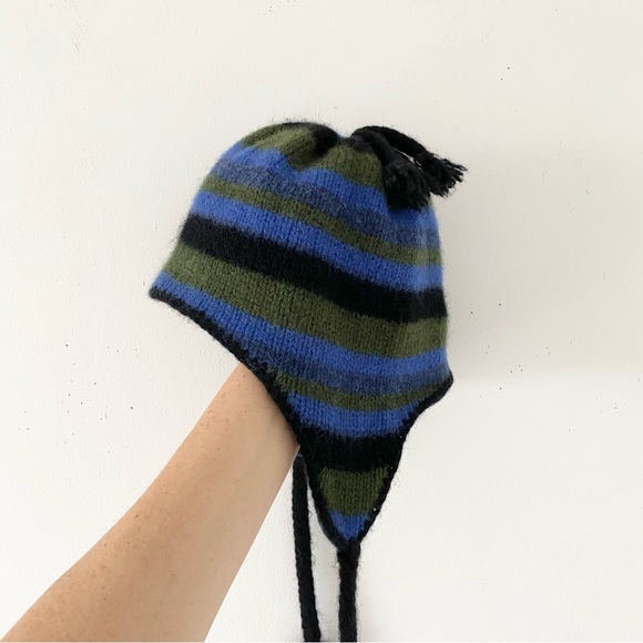 Y2K Simons 100% Wool Striped Fat with Earflaps - Picture 1 of 9